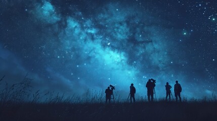group of people with a telescope at night