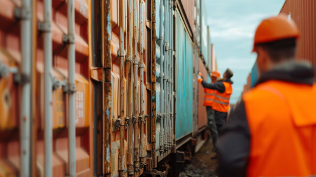 A Group Of Workers In Bright Orange Safety Vests Are Inspecting A Row Of Containers Checking For Any Maintenance Issues Such As Dents Or Rust. This Image Highlights The Importance