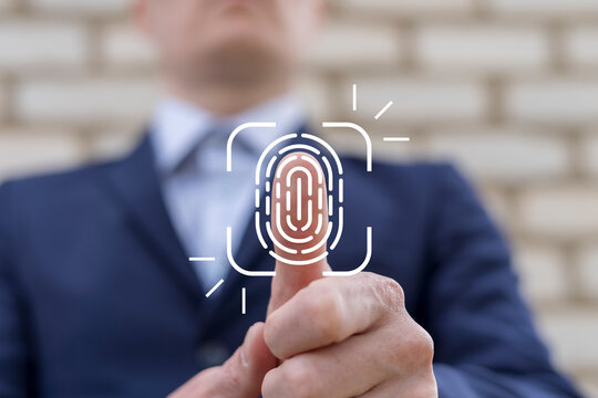 Business man fingerprint scanning and biometric authentication, cybersecurity and fingerprint password, future technology and cybernetics. Valid fingerprint scan, cybernetic business concept.
