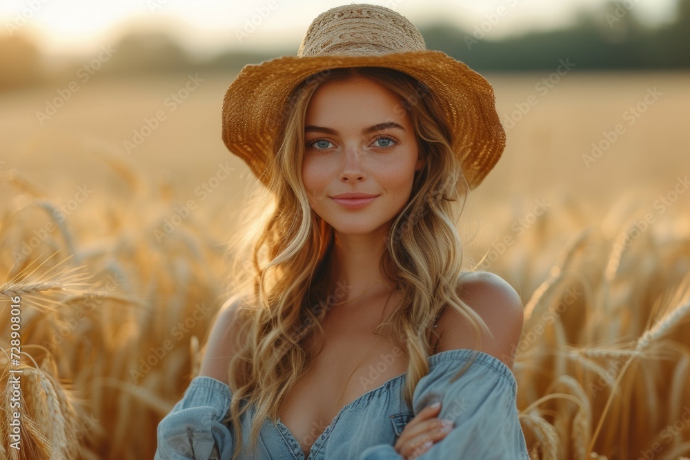 Poster farmer in a field with wheat. background with selective focus and copy space