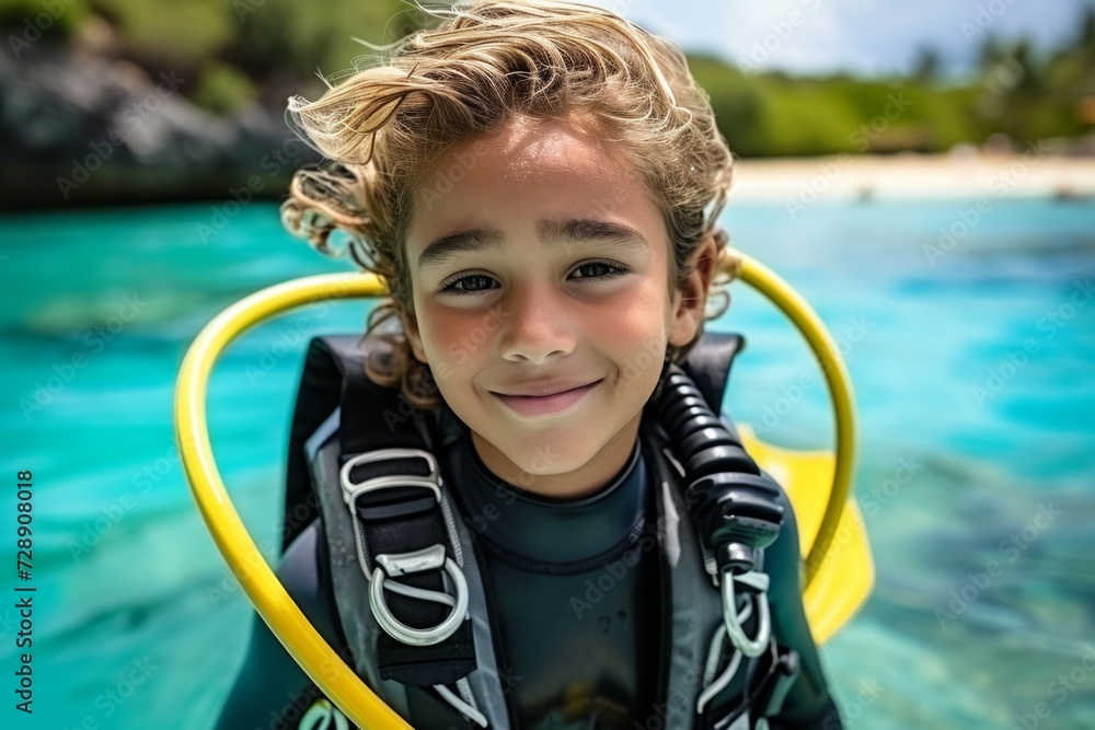 Poster child at diving lessons. background with selective focus and copy space