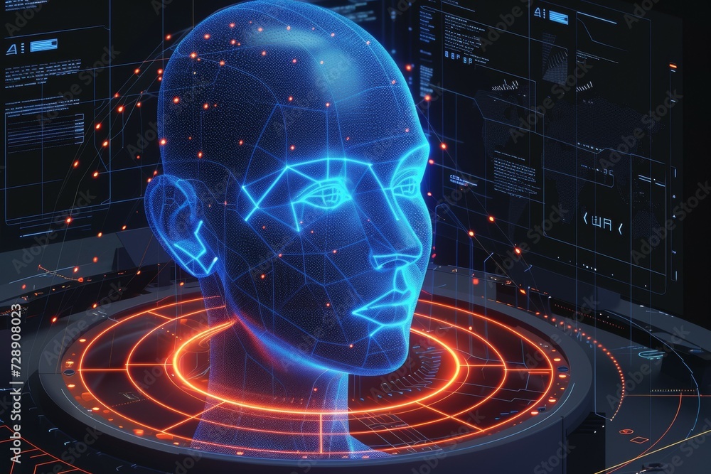 Poster holographic projection of a person from the database. background with selective focus and copy space