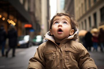 Fototapeta premium Wide-Eyed Toddler in a Brown Jacket Looking Upward with Awe and Surprise on a Busy Urban Street