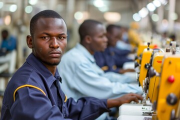 Workers at a textile factory. Background with selective focus and copy space