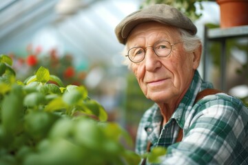 An elderly man is a farmer. Background with selective focus and copy space