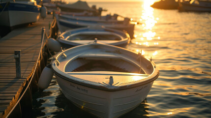 The gentle movement of boats tied to the pier swaying with the rhythm of the waves as the sun sinks lower in the sky.