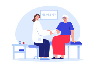 Female doctor doing treatment of aged woman. Nursing home vector illustration.