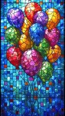 Fototapeta na wymiar Stained glass window background with colorful balloons abstract. 