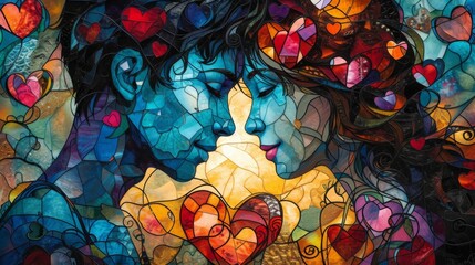 Stained glass, Couple in love , a moment of love and happiness. The background is full of heart shapes.