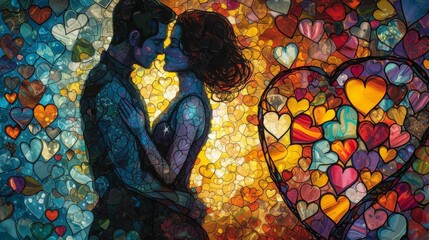 Obraz na płótnie Canvas Stained glass, silhouettes of lovers, a moment of love and happiness. The background is full of heart shapes.