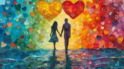 Stained glass window background with Shadow of a couple walking hand in hand It is a time of love and happiness. The background is full of heart shapes.