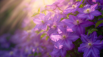 A tangle of purple clematis flowers each one seemingly lit from within by the sunlight streaming...