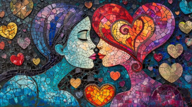Stained glass, Couple in love , a moment of love and happiness. The background is full of heart shapes.