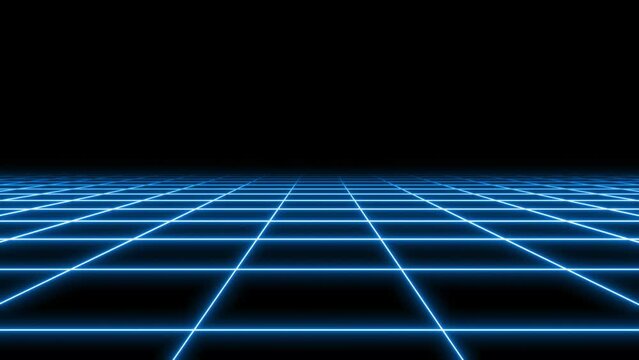 4K Parallax Retro Abstract VJ Motion Background Loop Inspired by 1980's: Infinite Flight Over Glowing Blue Neon Square Grid, 3D Abstract 1980's Retrowave Cyberpunk Background with Neon Perspective Gri