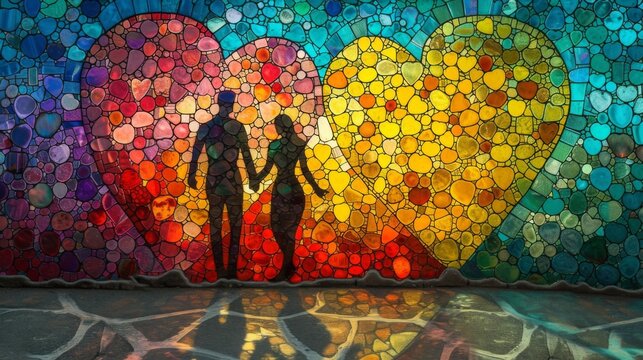 Stained glass window background with Shadow of a couple walking hand in hand It is a time of love and happiness. The background is full of heart shapes.