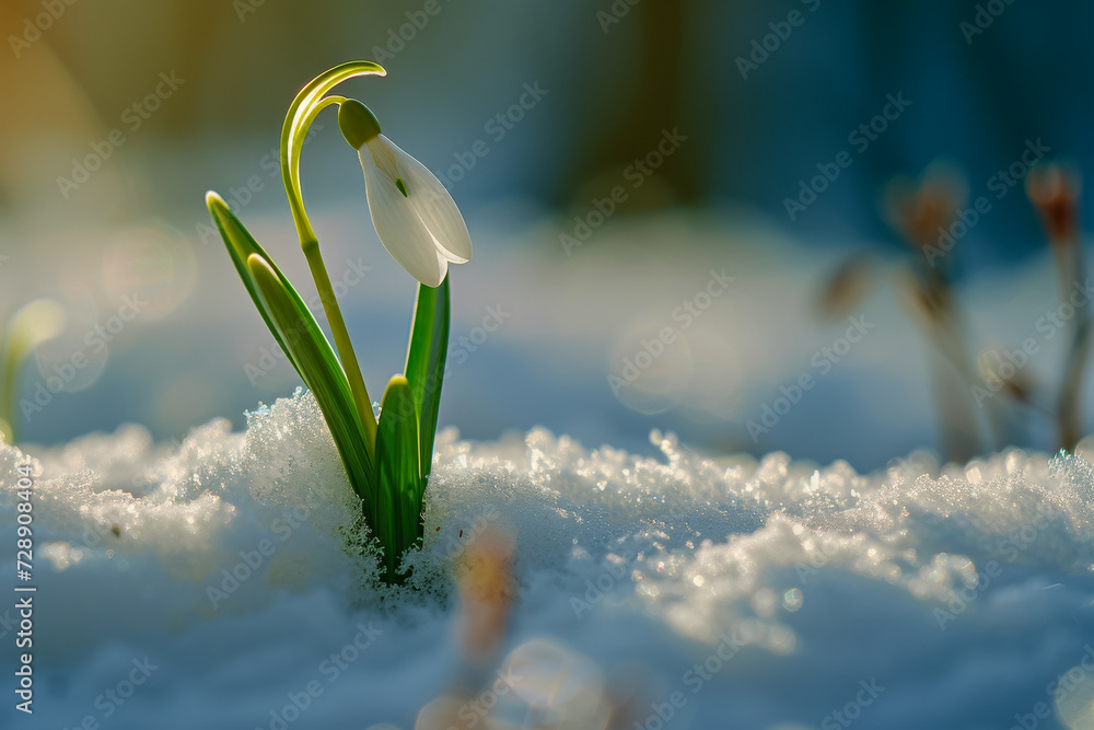 Poster forest snowdrop in a clearing with snow. backdrop with selective focus and copy space