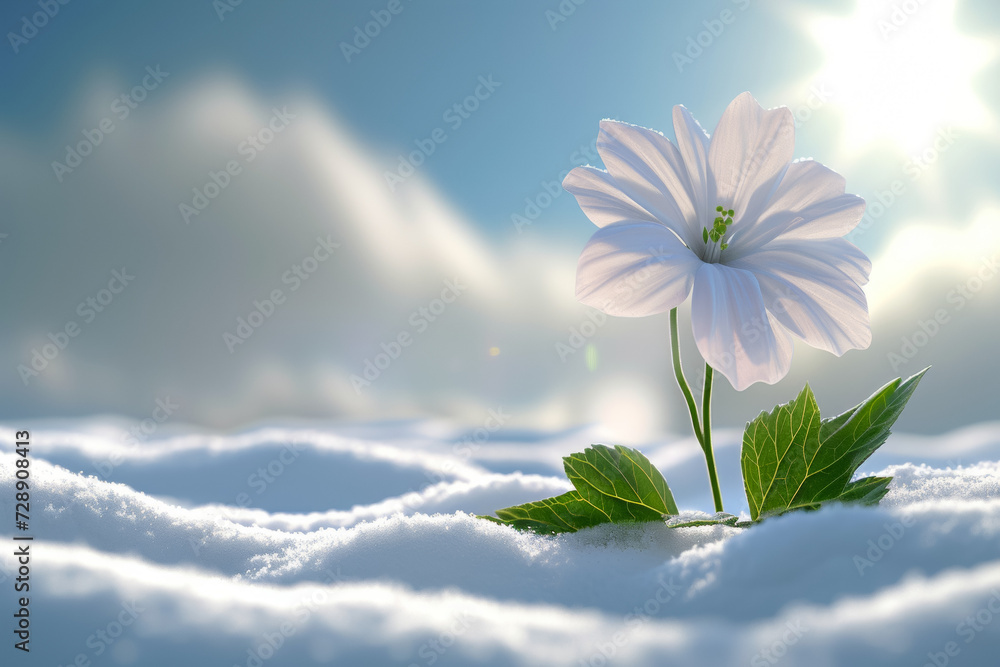 Poster the first flowers under the snow in early spring. backdrop with selective focus and copy space