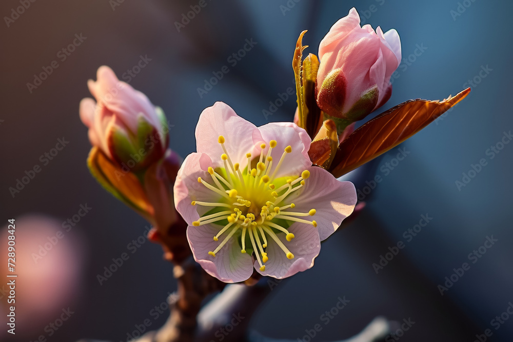Poster blooming fruit tree. backdrop with selective focus and copy space