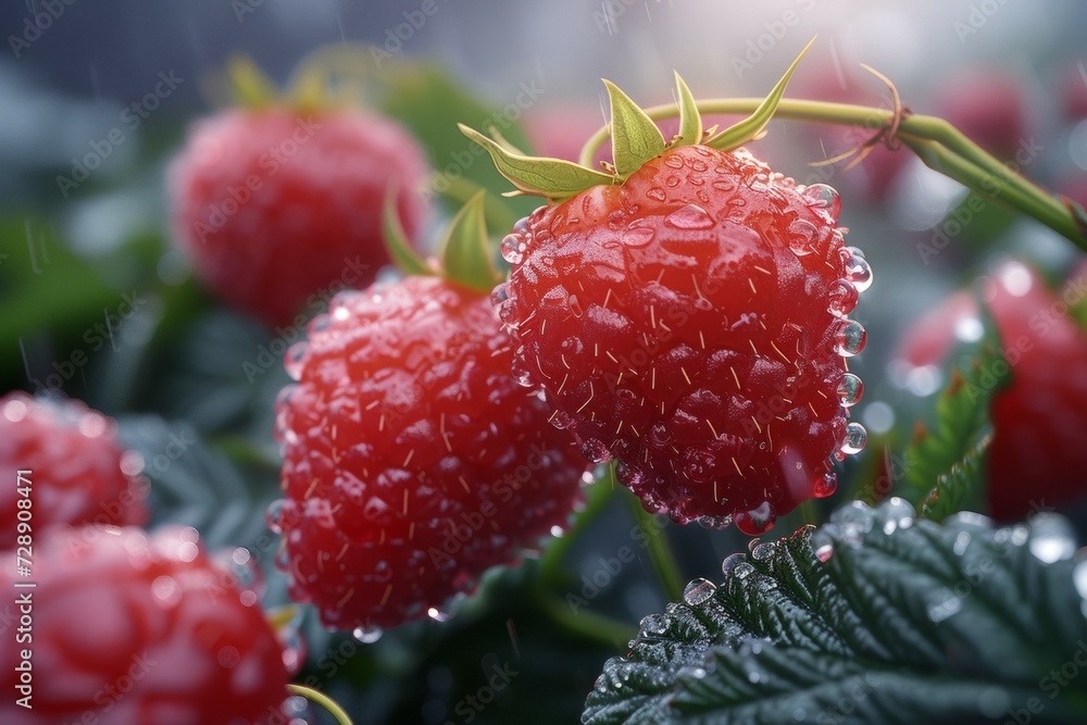 Poster raspberry harvest. backdrop with selective focus and copy space