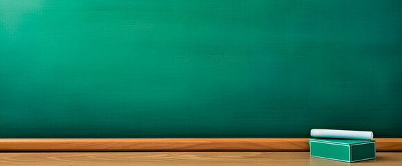 Empty green chalkboard with eraser and white chalk on the edge of the board background