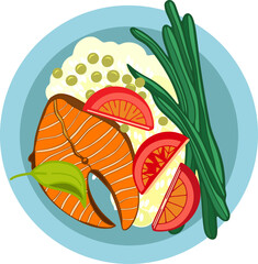 illustration of food of rice, salmon, tomatoes, green bean and peas