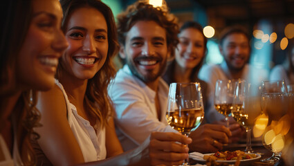 Group of smiling young friends drinking wine at restaurant pub with appetizers