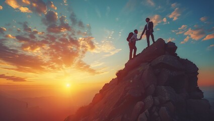 Silhouette of a businessman helps pull a friend up to the top of a mountain