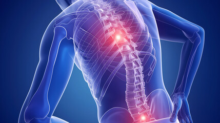 腰痛の視覚表現: ルンバー領域での痛みと不快感を具現化したイメージ - obrazy, fototapety, plakaty