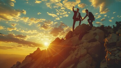 Silhouette of a businessman helps pull a friend up to the top of a rock on a steep mountain