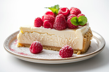 Cheesecake with fresh raspberries on plate on white background.