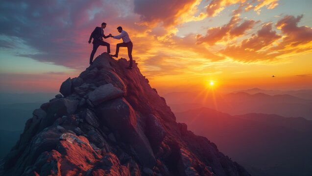 Silhouette of a businessman helps pull a friend up to the top of a rock on a steep mountain