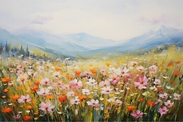Art oil painting with meadow mountain flowers in spring © toomi123
