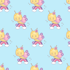 Seamless pattern with cute snail girl character. Funny kawaii insect on rainbow on blue background with clouds. Vector illustration in trendy retro style. Kids collection