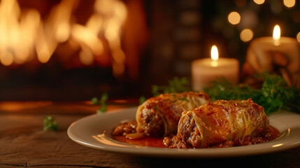 Rich and satisfying Fireside Cabbage Rolls plated on a wooden table beside a roaring fireplace. Each roll is packed with a delectable blend of beef herbs and grains making