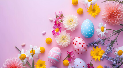 Easter banner with decorative Easter eggs with flowers on soft color background