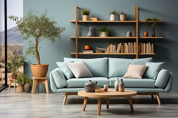Living room interior with double light cyan color sofa and tea table with pastel-colored wall