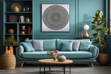 Living room interior with double light cyan color sofa and tea table with pastel-colored wall