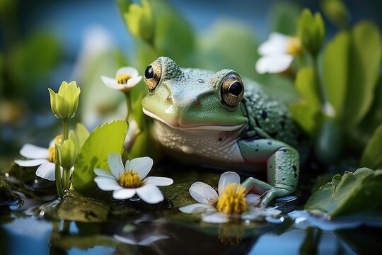 Frog perched on a lily pad in a pond, Lily flower with frog in water