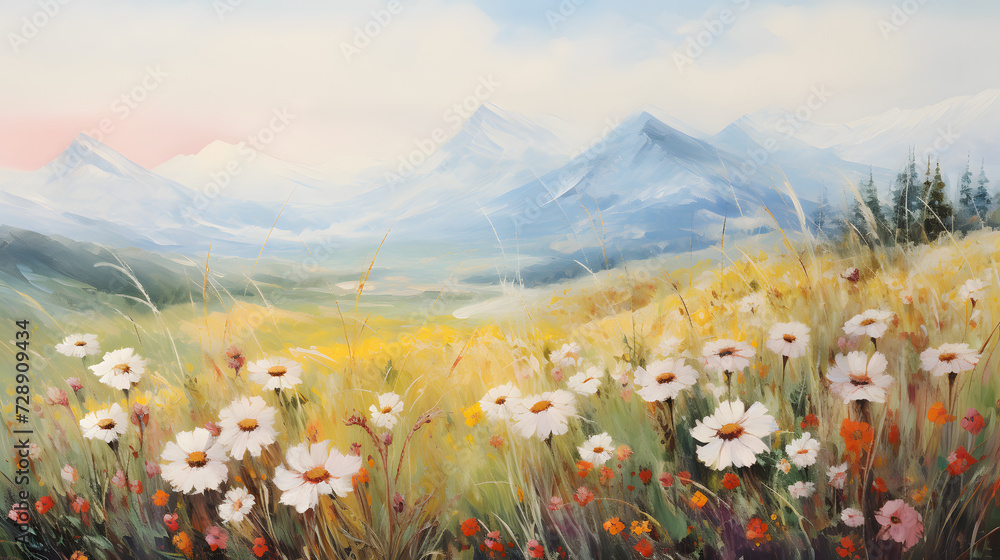 Sticker Art oil painting with meadow mountain flowers in spring