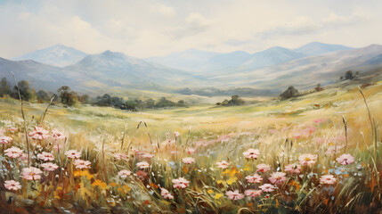 Art oil painting with meadow mountain flowers in spring