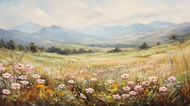 Art oil painting with meadow mountain flowers in spring
