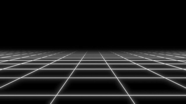 4K Parallax Retro Abstract VJ Motion Background Loop Inspired by 1980's: Infinite Flight Over Glowing Black and White Neon Square Grid, 3D Abstract 1980's Retrowave Cyberpunk Background 