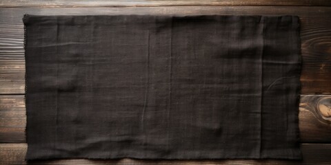 Top view of a black wooden table, with copy space and covered by a burlap tablecloth.
