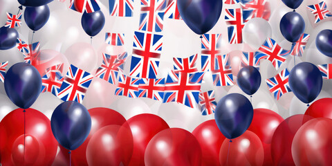 Red, white, and blue balloons with the Union Jack pattern floating upwards.