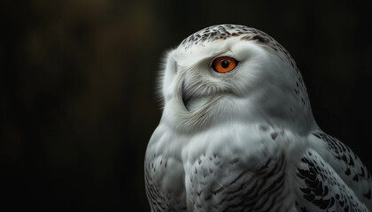 A close-up portrait of a majestic snowy owl, with piercing orange eyes and soft white feathers, exuding an air of serene intensity against a dark, blurred background