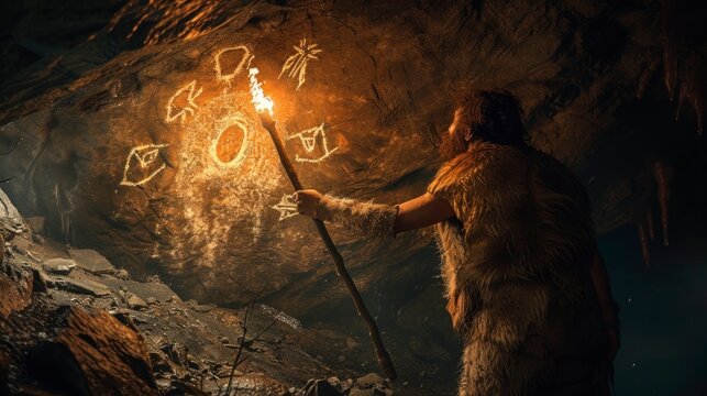 caveman with a torch inside a cave observing handmade rock painting