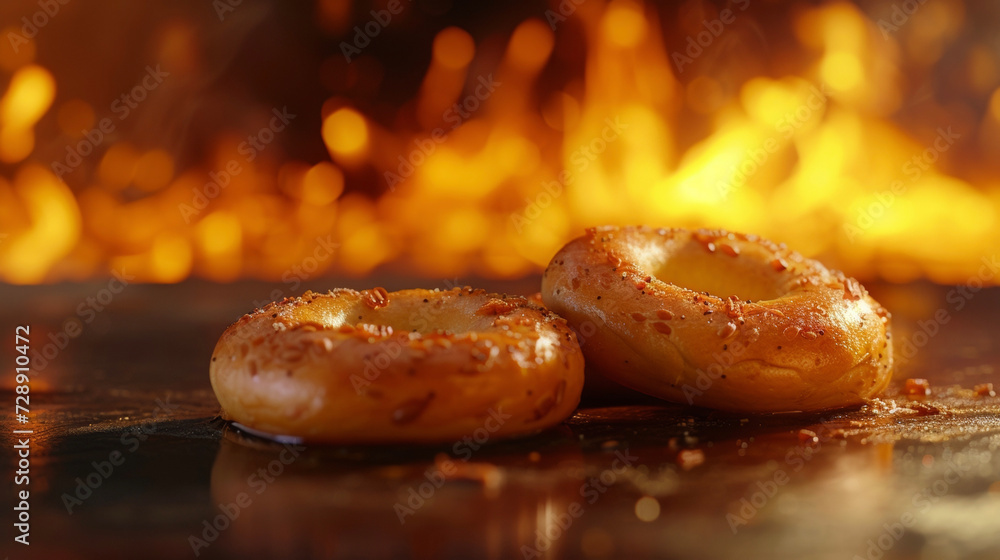 Poster the small fire dances in the background casting a golden glow on the two smiling bagels p in front o
