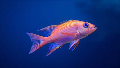 An orange fish with translucent fins swims gracefully in the deep blue ocean, its vibrant colors creating a striking contrast