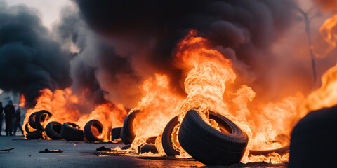 Riots burning tires on city street. Demonstrators fighting for their rights - obrazy, fototapety, plakaty