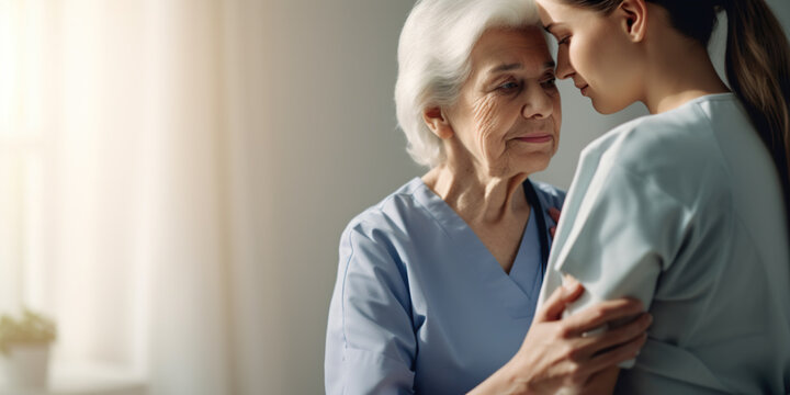 Empathy and care concept. Caregiver nurse wearing uniform embracing elderly patient at meeting at home. Female doctor comforting and supporting senior woman
